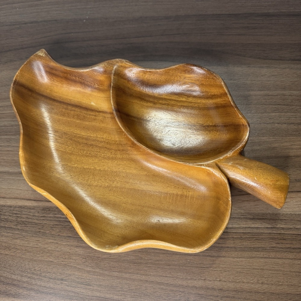 MCM Monkey Pod Wood Serving Tray Leaf Two‎ Section Hand Crafted 13.5x9"